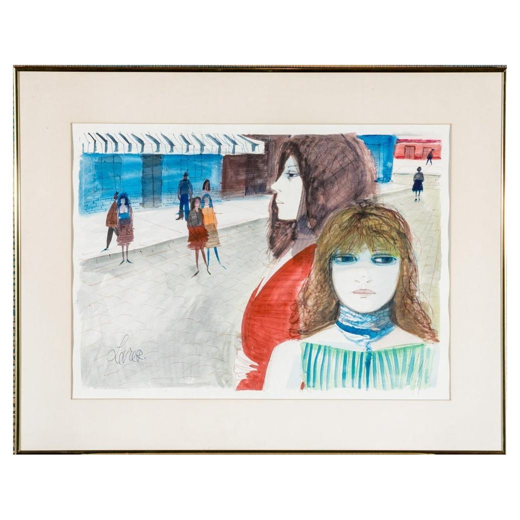 Charles Levier (francese, 1920 - 2003) - Scena di strada firmata ad acquerello e inchiostro
