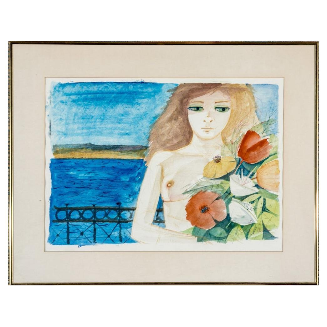 Charles Levier (Français, 1920 - 2003) - Aquarelle d'un nu avec fleurs signée en vente