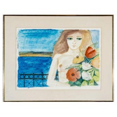 Charles Levier (Français, 1920 - 2003) - Aquarelle d'un nu avec fleurs signée