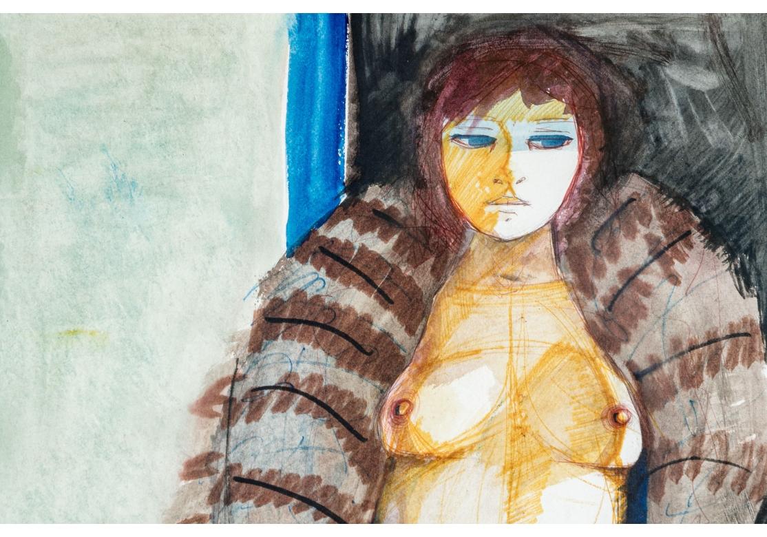 20th Century Charles Levier (French, 1920 - 2003) - Signed Watercolor Nude With Fur For Sale