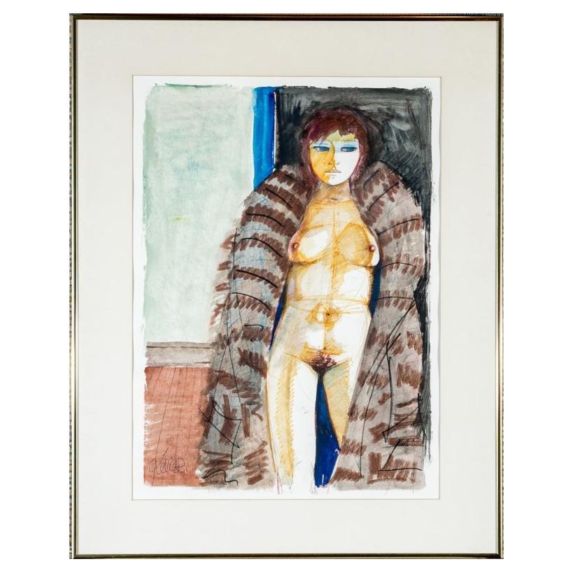 Charles Levier (Français, 1920 - 2003) - Aquarelle d'un nu avec fourrure signée en vente
