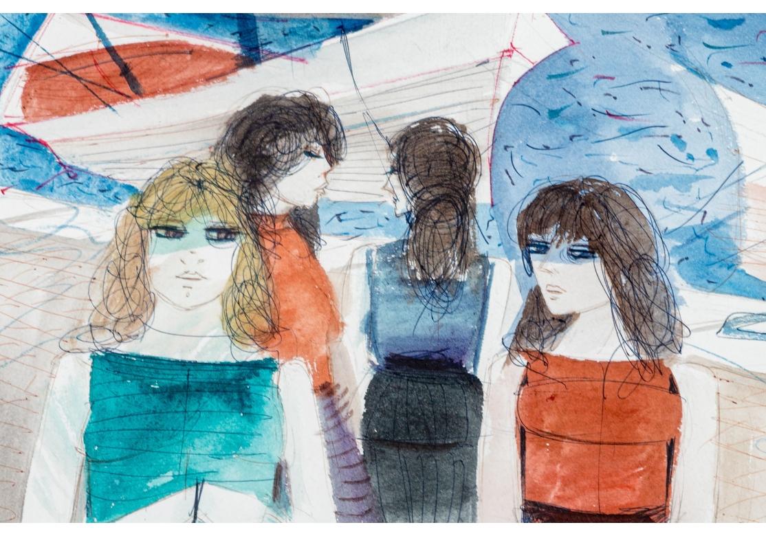 Mid-Century Modern Charles Levier (French, 1920 - 2003) Watercolor And Ink Women At The Marina For Sale