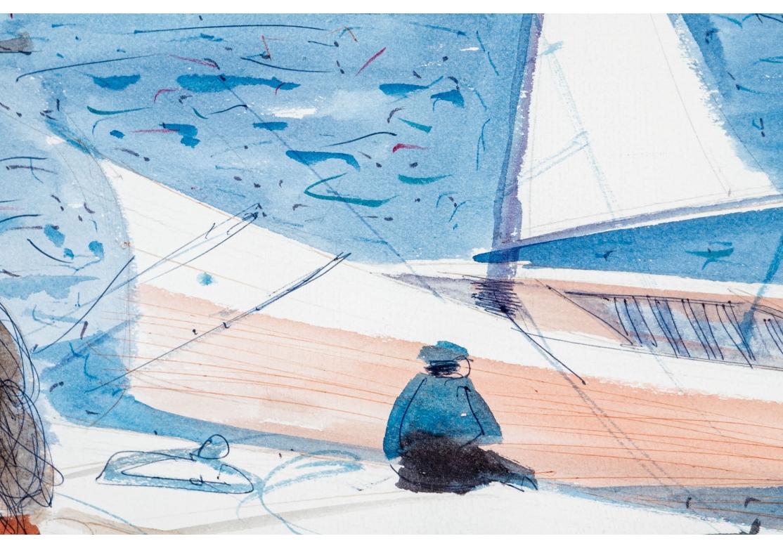 Metal Charles Levier (French, 1920 - 2003) Watercolor And Ink Women At The Marina For Sale