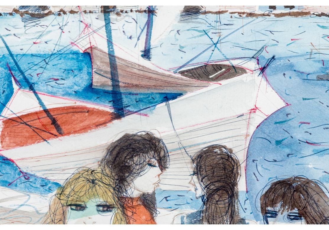 Metallo Charles Levier (francese, 1920 - 2003) Acquerello e inchiostro Donne alla Marina in vendita