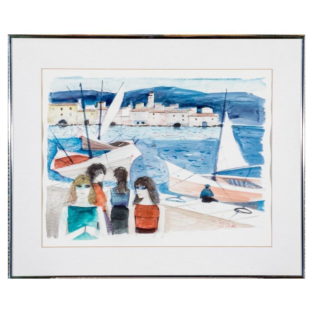 Charles Levier (French, 1920 - 2003) Watercolor And Ink Women At The Marina For Sale