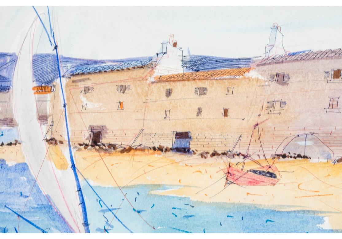 Mid-Century Modern Charles Levier (French, 1920 - 2003) Watercolor & Ink 2 Woman Coastal Scene For Sale
