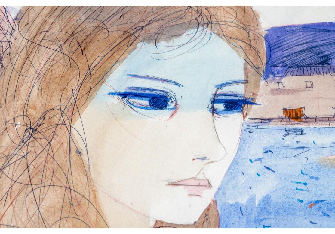 Francese Charles Levier (francese, 1920 - 2003) Acquerello e inchiostro 2 Donna Scena costiera in vendita