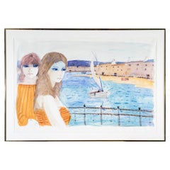Charles Levier (French, 1920 - 2003) Watercolor & Ink 2 Woman Coastal Scene