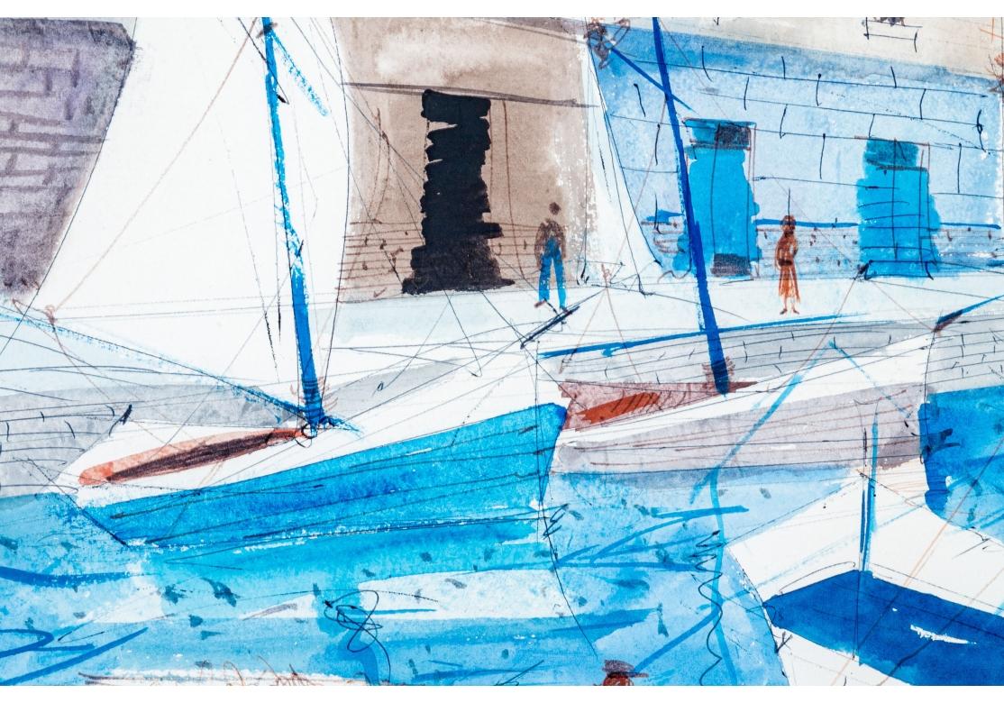 Charles Levier (French, 1920 - 2003) - Watercolor & Ink Boat Marina For Sale 3