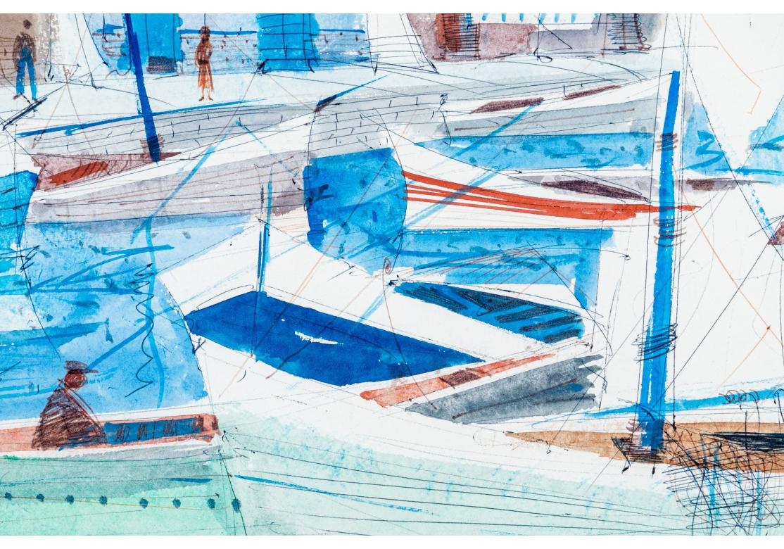 Charles Levier (French, 1920 - 2003) - Watercolor & Ink Boat Marina For Sale 5