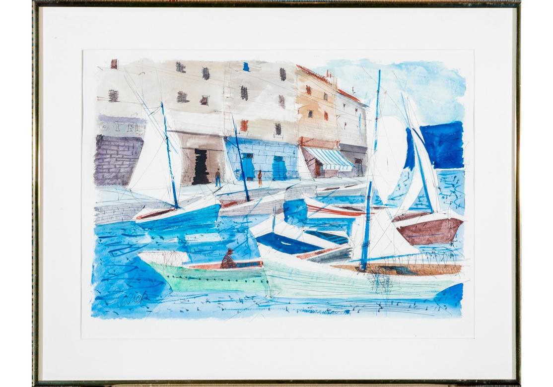 Watercolor & ink depicting a boat marina with colorful vessels in the foreground, structures and shops over-looking the water.
Presented in a nickel frame, matted and glazed.
Signed lower left.
Dimensions:
Sight: 22 1/2