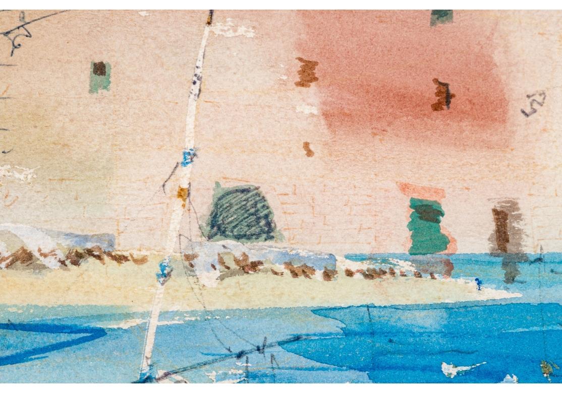 Hand-Painted Charles Levier (French, 1920 - 2003) - Watercolor & Ink Boat Marina For Sale