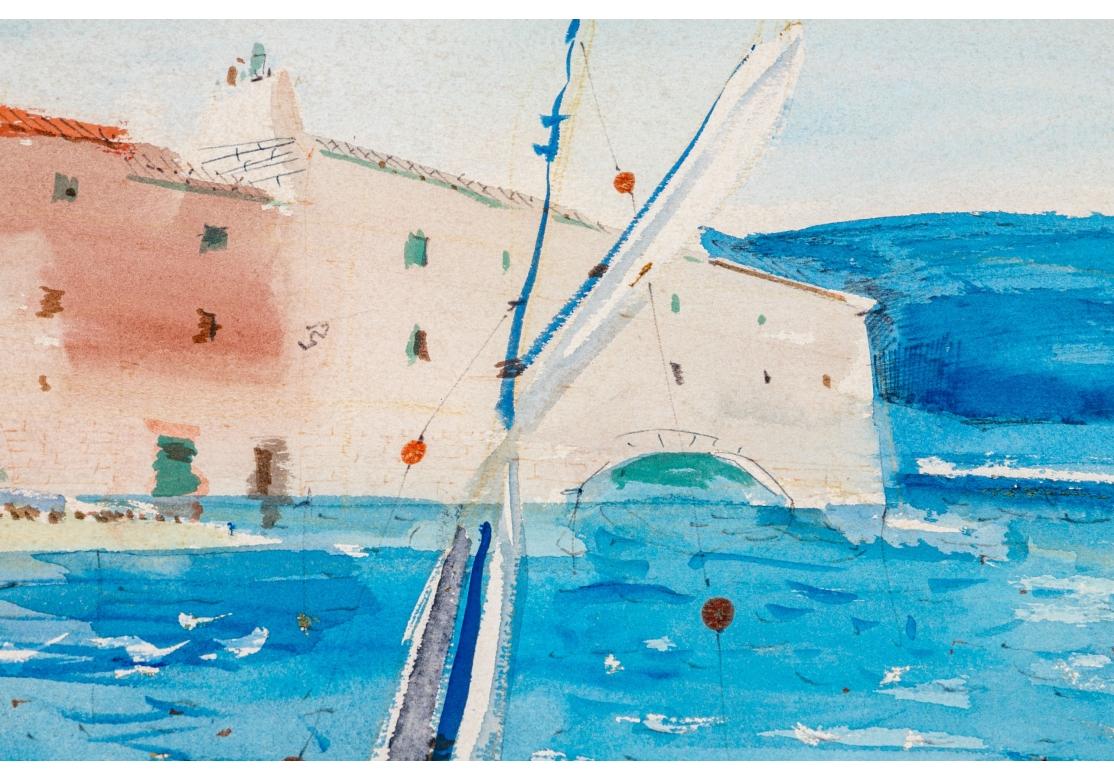 Charles Levier (Franzose, 1920– 2003) – Aquarell- und Tintenboot Marina im Zustand „Relativ gut“ im Angebot in Bridgeport, CT