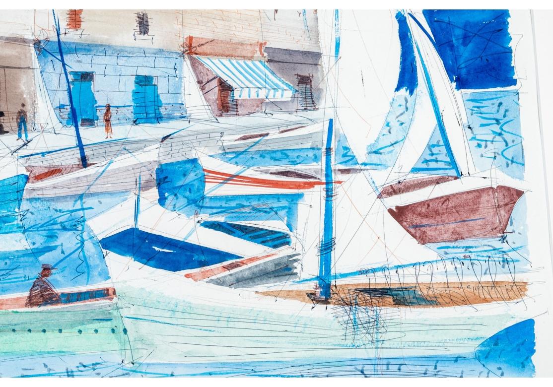 Metal Charles Levier (French, 1920 - 2003) - Watercolor & Ink Boat Marina For Sale