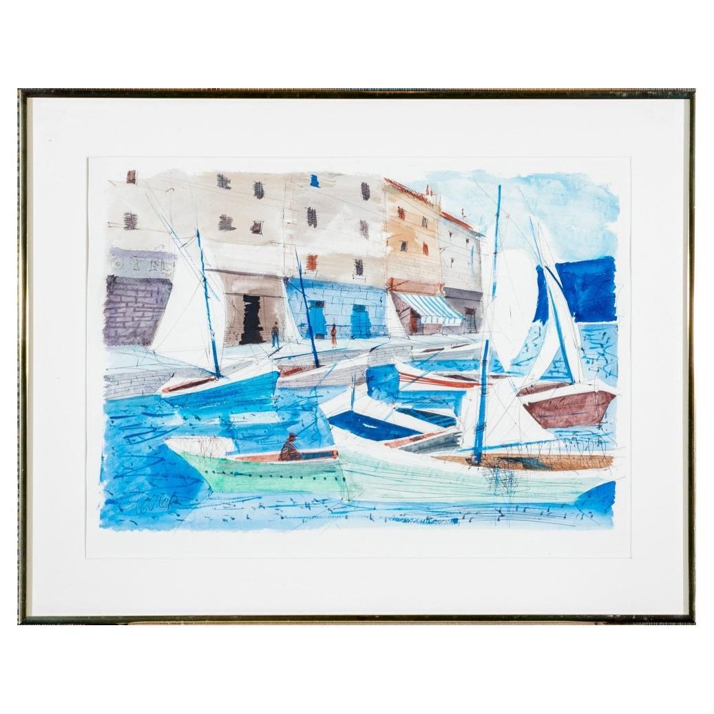 Charles Levier (French, 1920 - 2003) - Watercolor & Ink Boat Marina For Sale