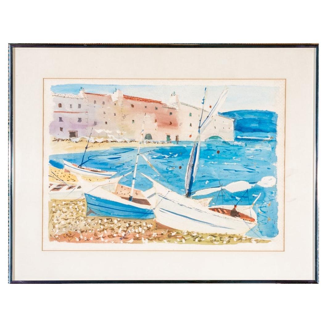 Charles Levier (French, 1920 - 2003) - Watercolor & Ink Boat Marina For Sale