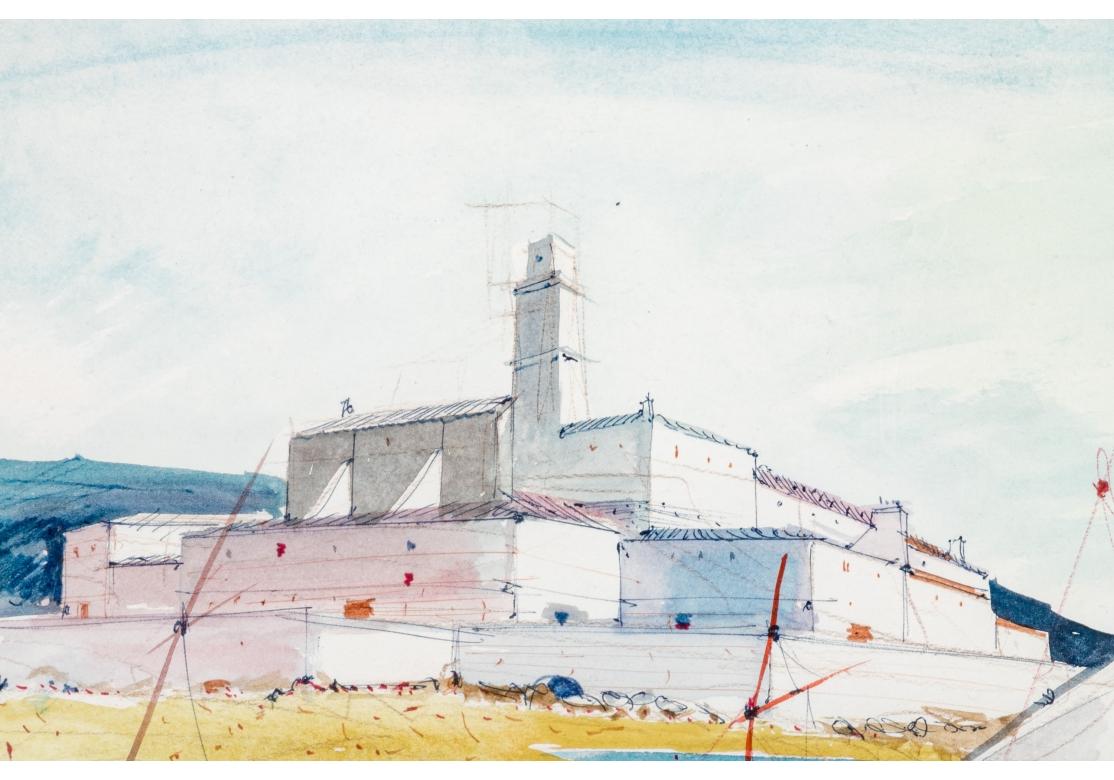 Watercolor and ink depicting a coastal scene with beached sailboats along the sand, a female figure in red in the foreground, blue waters of the surf in the background and a large pastel colored structure with steeple in the distance.
Signed lower