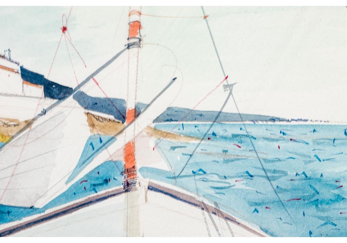 Mid-Century Modern Charles Levier (français, 1920 - 2003), aquarelle et encre - Scène côtière avec bateaux en vente