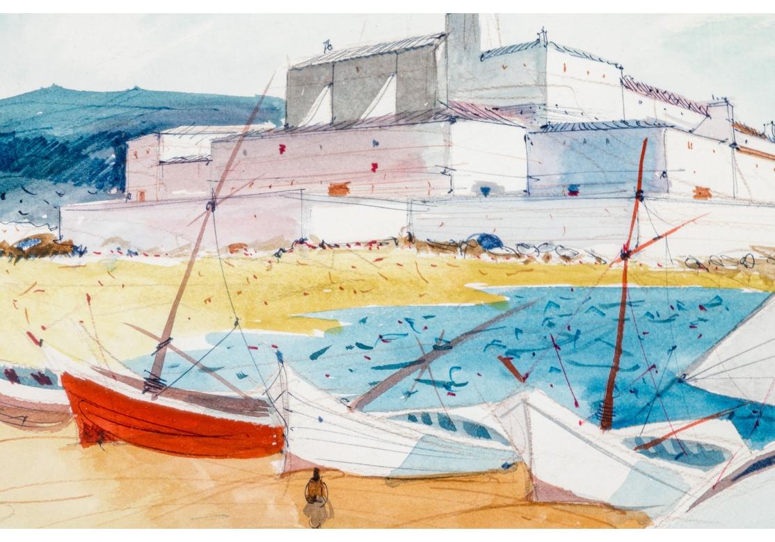 Metal Charles Levier (French, 1920 - 2003) Watercolor & Ink Coastal Scene With Boats For Sale