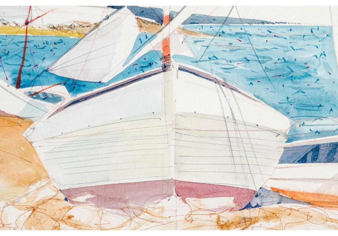 Métal Charles Levier (français, 1920 - 2003), aquarelle et encre - Scène côtière avec bateaux en vente