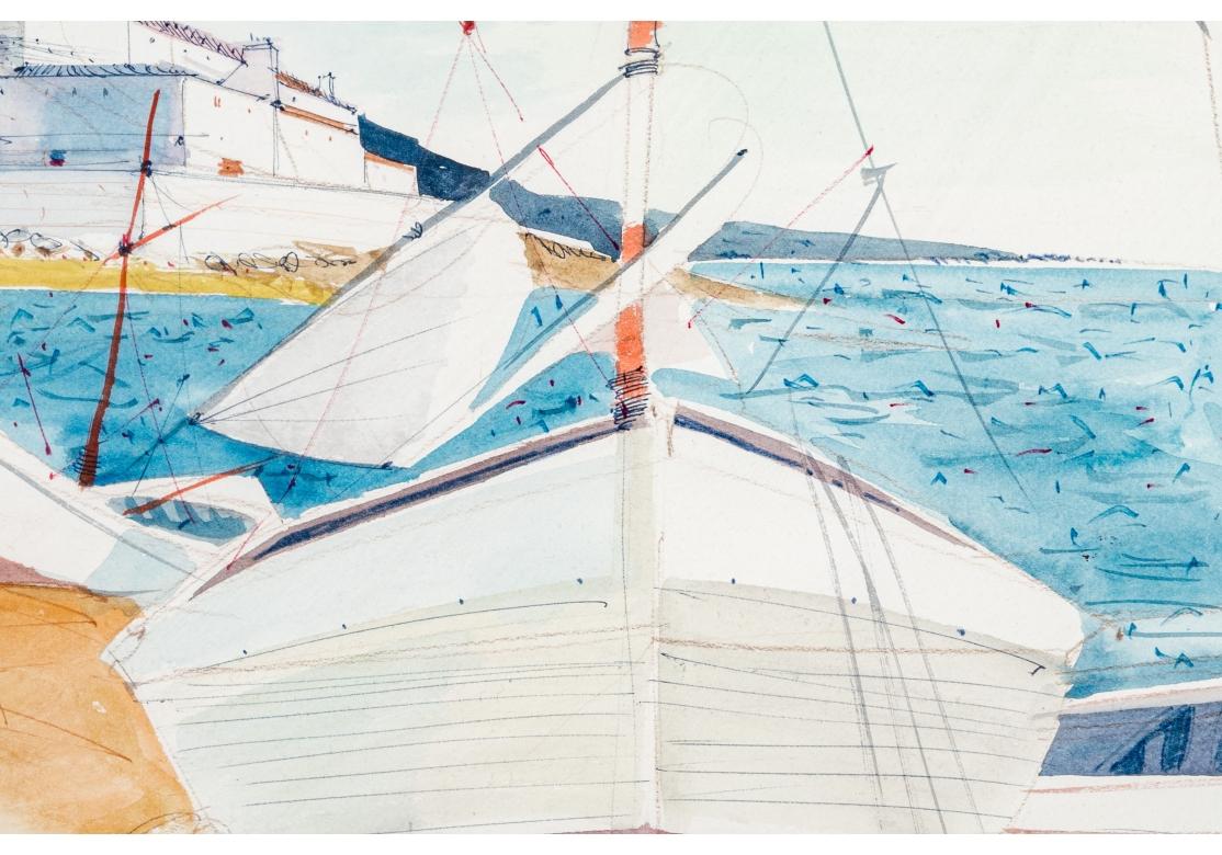 Charles Levier (français, 1920 - 2003), aquarelle et encre - Scène côtière avec bateaux en vente 1
