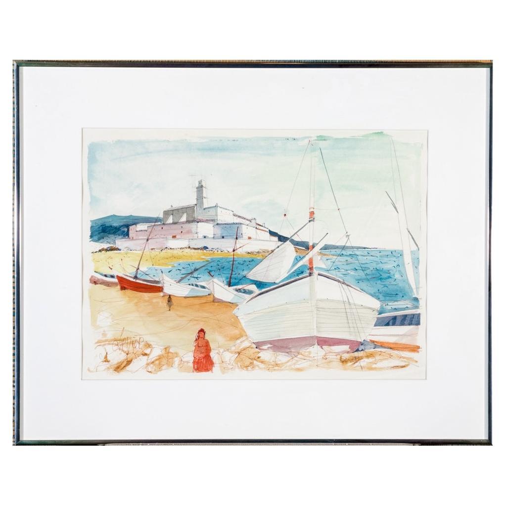 Charles Levier (French, 1920 - 2003) Watercolor & Ink Coastal Scene With Boats For Sale