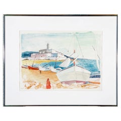 Charles Levier (français, 1920 - 2003), aquarelle et encre - Scène côtière avec bateaux