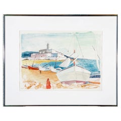 Charles Levier (francés, 1920 - 2003) Acuarela y tinta Escena costera con barcos