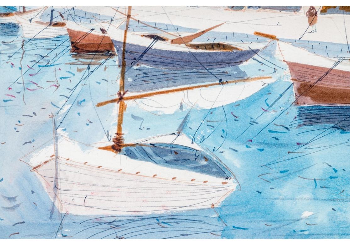 Charles Levier (French, 1920 - 2003) Watercolor & Ink Coastal Scene With Marina For Sale 3
