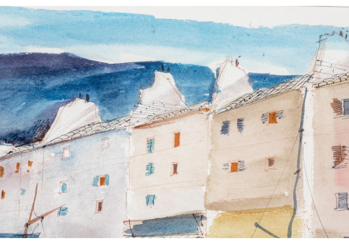 Mid-Century Modern Charles Levier (French, 1920 - 2003) Watercolor & Ink Coastal Scene With Marina For Sale