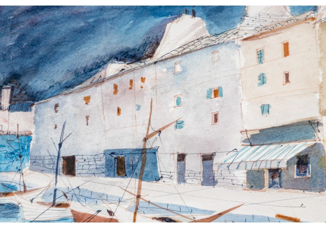 Hand-Painted Charles Levier (French, 1920 - 2003) Watercolor & Ink Coastal Scene With Marina For Sale