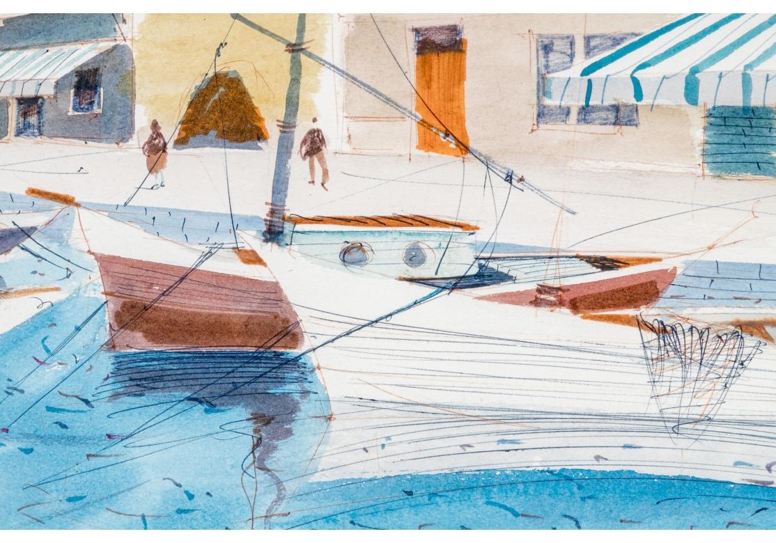 Charles Levier (Franzose, 1920 - 2003) Aquarell- und Tusche- Küstenszene mit Marina im Zustand „Gut“ im Angebot in Bridgeport, CT