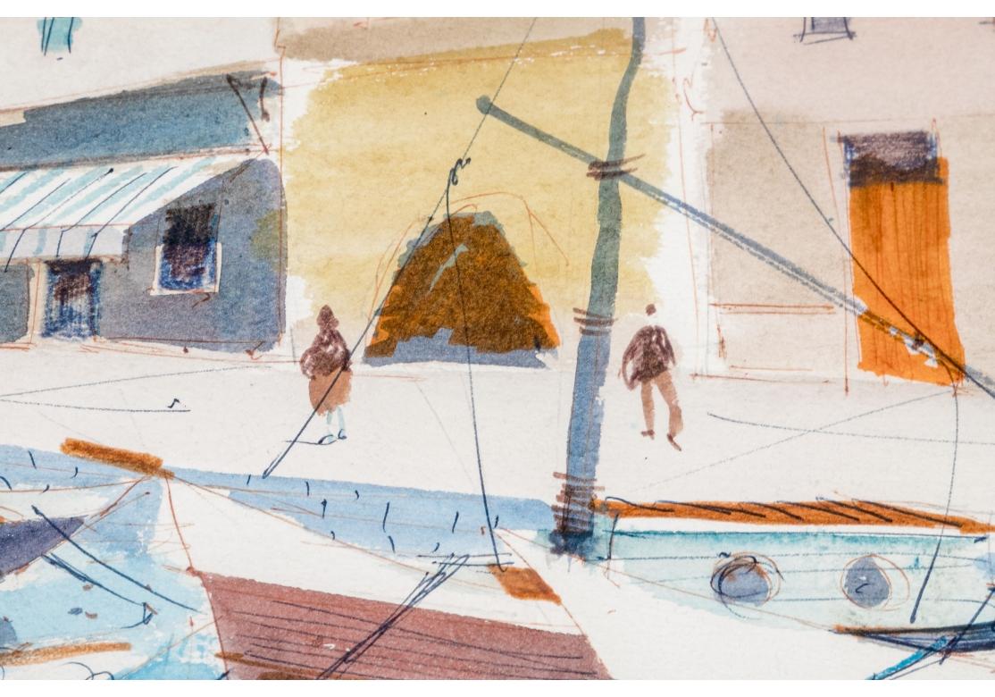 Metal Charles Levier (French, 1920 - 2003) Watercolor & Ink Coastal Scene With Marina For Sale