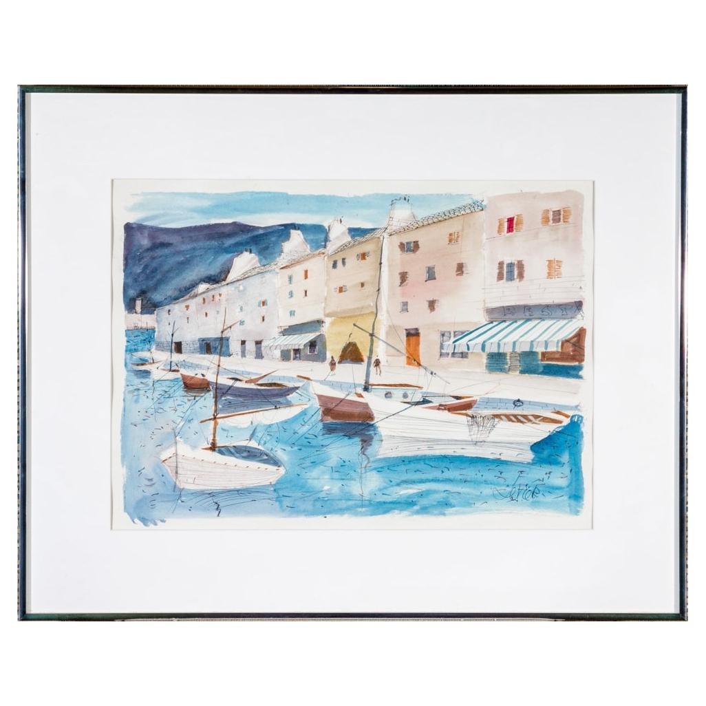 Charles Levier (French, 1920 - 2003) Watercolor & Ink Coastal Scene With Marina For Sale