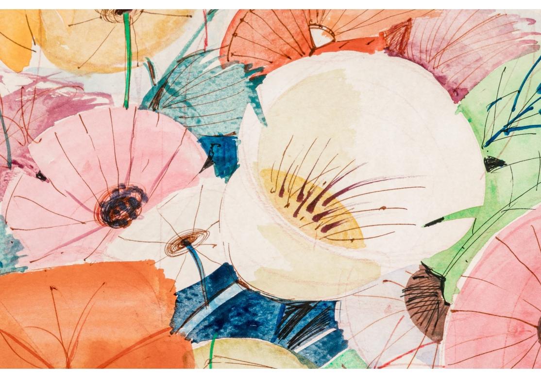 Charles Levier (französisch, 1920 - 2003) Aquarell- und Tusche-Blumenstrauß mit Kirche mit Blumenstrauß (Glas) im Angebot