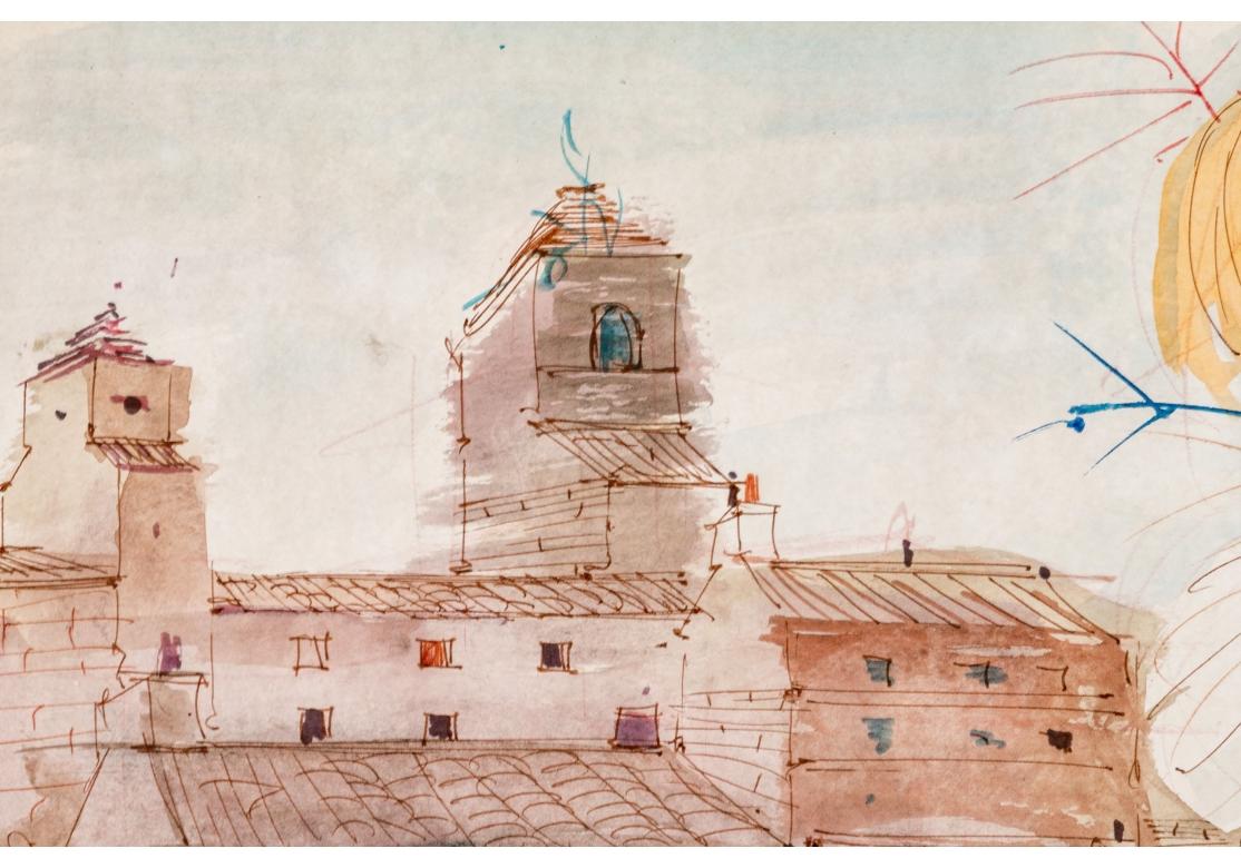 Aquarell und Tinte, die einen bunten und auffälligen Blumenstrauß in einer blau-weißen Vase auf einem gestreiften Tisch mit Blick auf eine Kirche darstellen.
Signiert unten rechts.
Präsentiert in einem goldfarbenen, strukturierten und glatten