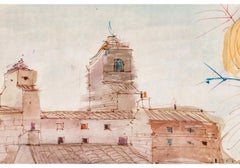 Charles Levier (French, 1920 - 2003) Watercolor & Ink Floral Bouquet With Church