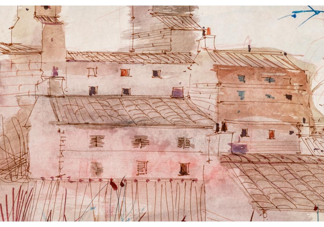 Charles Levier (französisch, 1920 - 2003) Aquarell- und Tusche-Blumenstrauß mit Kirche mit Blumenstrauß (Moderne der Mitte des Jahrhunderts) im Angebot