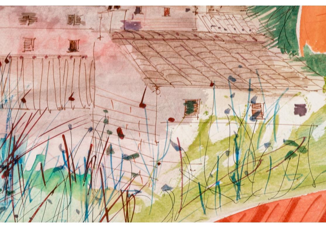 Charles Levier (französisch, 1920 - 2003) Aquarell- und Tusche-Blumenstrauß mit Kirche mit Blumenstrauß (20. Jahrhundert) im Angebot