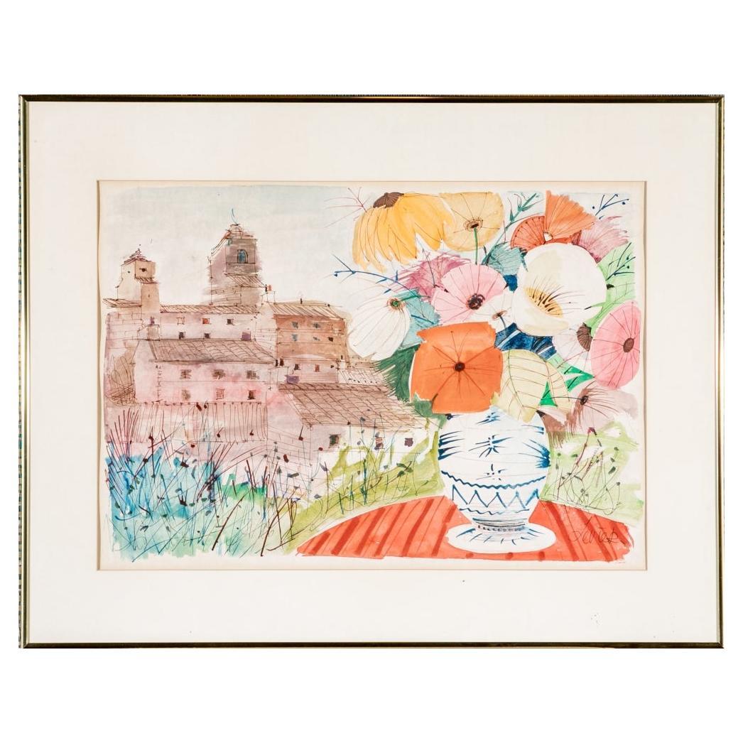 Charles Levier (francés, 1920 - 2003) Acuarela y tinta Ramo floral con iglesia