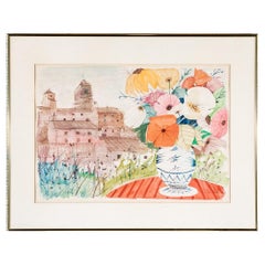 Vintage Charles Levier (French, 1920 - 2003) Watercolor & Ink Floral Bouquet With Church