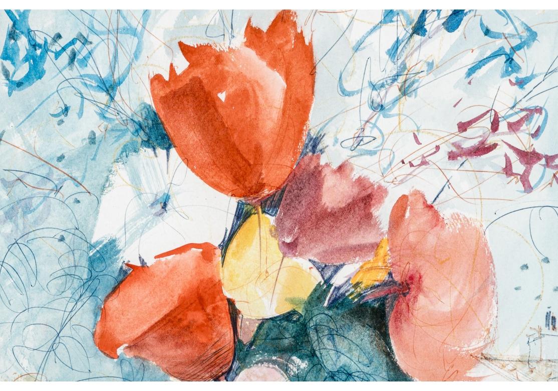Hand-Painted Charles Levier (French, 1920 - 2003) Watercolor & Ink Floral Still Life For Sale