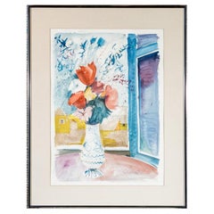 Charles Levier (Franzose, 1920– 2003) Aquarell- und Tusche-Blumenstillleben mit Blumenmuster