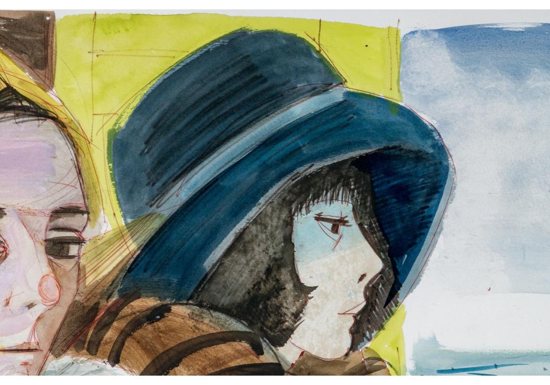 Mid-Century Modern Charles Levier (French, 1920 - 2003) Watercolor & Ink Harlequin & Woman in Fur For Sale