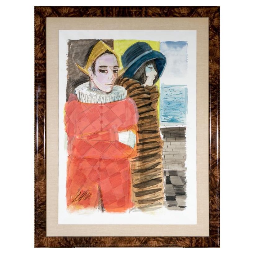 Charles Levier (French, 1920 - 2003) Watercolor & Ink Harlequin & Woman in Fur For Sale