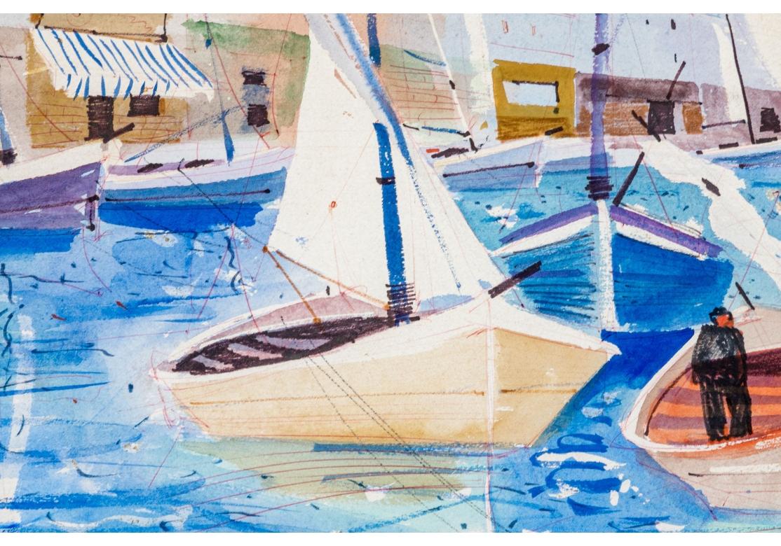 Aquarelle et encre représentant une scène côtière avec des voiliers colorés dans la marina. La scène avec des structures pastel surplombant les eaux aux tons bleus et les collines ondulantes bleu foncé dans le lointain.
Présenté dans un cadre en