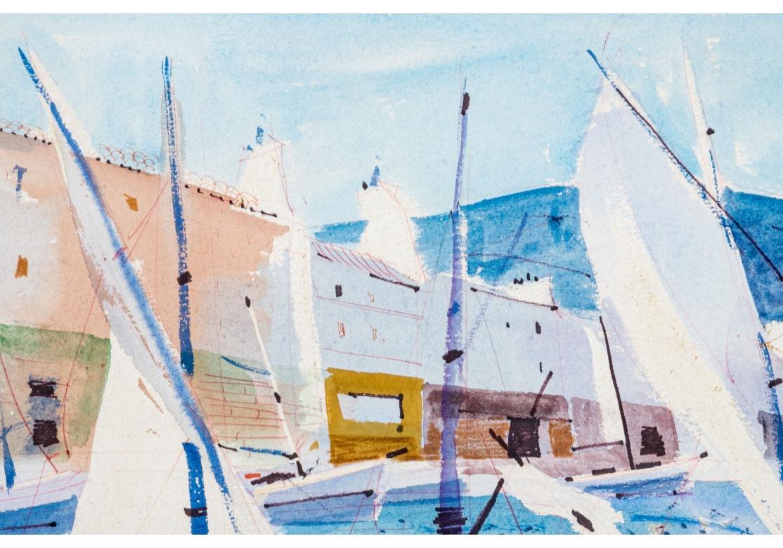 Mid-Century Modern Charles Levier (French, 1920 - 2003) - Watercolor & Ink Marina Coastal Scene For Sale