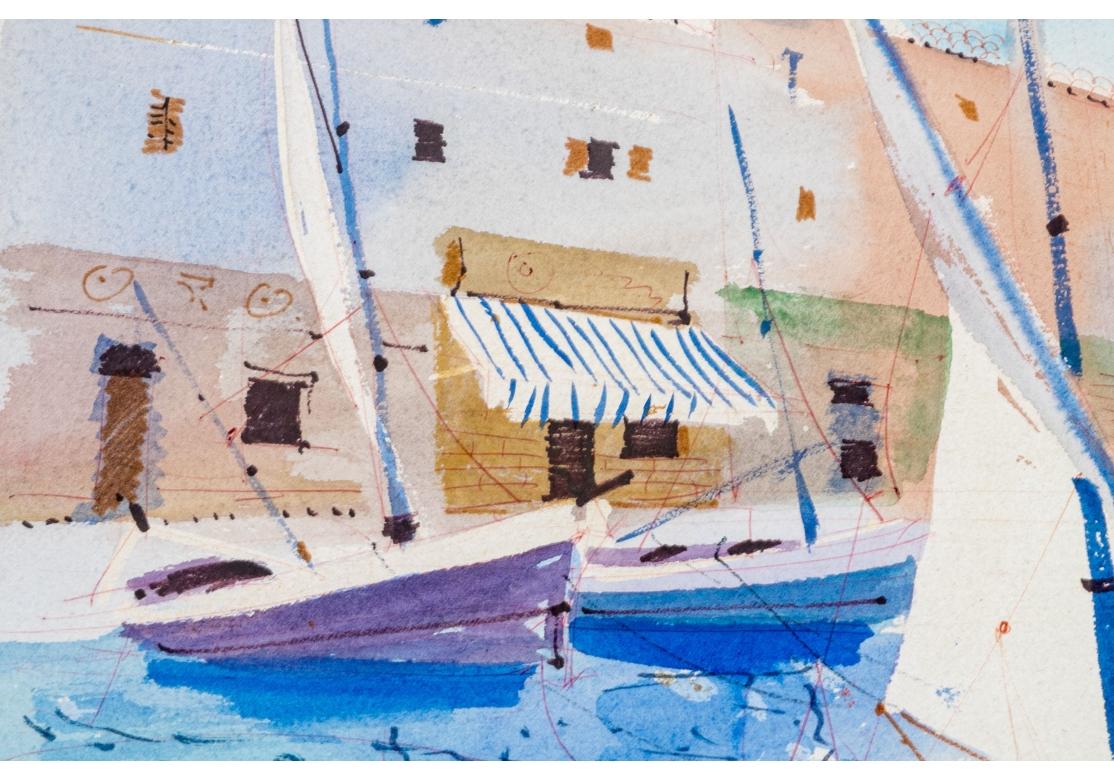 20th Century Charles Levier (French, 1920 - 2003) - Watercolor & Ink Marina Coastal Scene For Sale