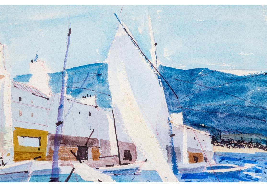 Metal Charles Levier (French, 1920 - 2003) - Watercolor & Ink Marina Coastal Scene For Sale