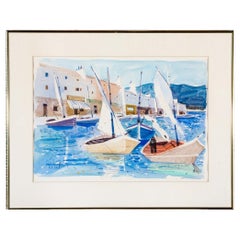 Vintage Charles Levier (French, 1920 - 2003) - Watercolor & Ink Marina Coastal Scene